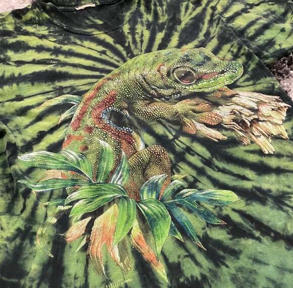 Vintage 90s Habitat Green Tie Dye Lizard Iguana Graphic T-Shirt Florida Keys - Picture 2 of 6